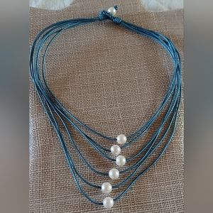 New Handmade 6-String Metallic Blue Leather & White Pearl Necklace